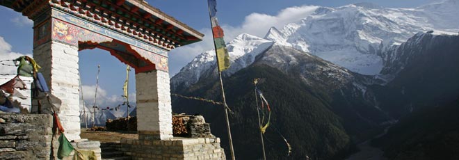 Entrance gate to monastery in Upper Pisang, Annapurna, Nepal 